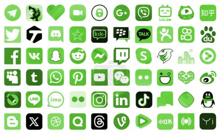 Téléchargez les photos : KYIV, UKRAINE - 1er AVRIL 2024 De nombreuses icônes des médias sociaux, messagers, plateformes de partage vidéo et autres services populaires et sites Web imprimés sur papier blanc en couleur verte - en image libre de droit
