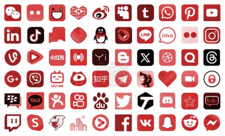 Foto de KYIV, UCRANIA - 1 DE ABRIL DE 2024 Muchos iconos de las redes sociales, mensajeros, plataformas para compartir videos y otros servicios populares y sitios web impresos en papel blanco en color rojo - Imagen libre de derechos