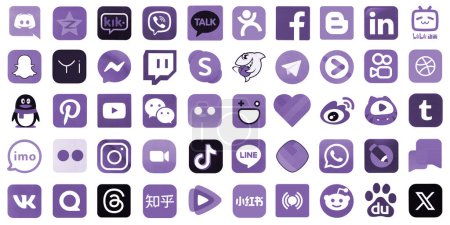 Photo for KYIV, UKRAINE - APRIL 1, 2024 Many icons of popular social media, messengers, video sharing platforms and other smartphone services printed on white paper in purple color - Royalty Free Image