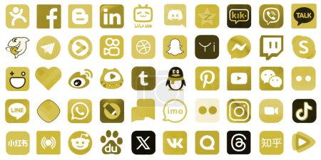 Photo for KYIV, UKRAINE - APRIL 1, 2024 Many icons of popular social media, messengers, video sharing platforms and other smartphone services printed on white paper in yellow color - Royalty Free Image