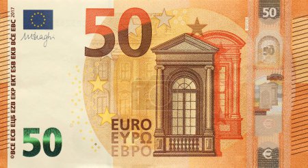 Téléchargez les photos : Fragment d'un billet de 50 euros. Détails du billet de 50 euros en monnaie de l'Union européenne close up - en image libre de droit