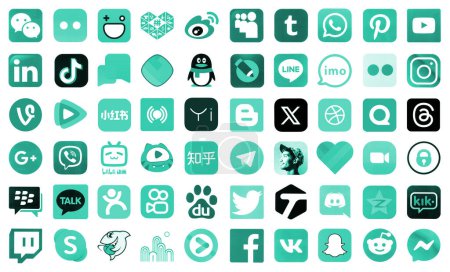 Téléchargez les photos : KYIV, UKRAINE - 1er AVRIL 2024 De nombreuses icônes des médias sociaux, messagers, plateformes de partage vidéo et autres services populaires et sites Web imprimés sur papier blanc en couleur turquoise - en image libre de droit