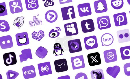 Photo for KYIV, UKRAINE - APRIL 1, 2024 Many icons of social media, messengers, video sharing platforms and other popular services and websites printed on white paper in purple color - Royalty Free Image