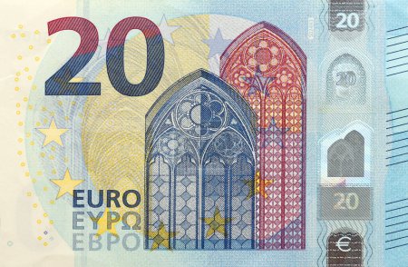 Téléchargez les photos : Fragment d'un billet de vingt euros. Détails du billet de 20 euros en monnaie de l'Union européenne close up - en image libre de droit