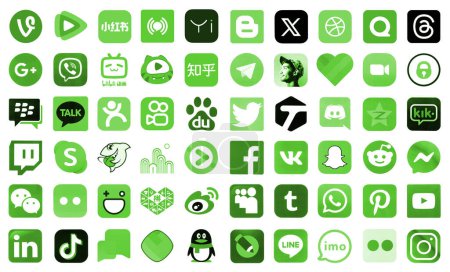 Foto de KYIV, UCRANIA - 1 DE ABRIL DE 2024 Muchos iconos de las redes sociales, mensajeros, plataformas para compartir videos y otros servicios populares y sitios web impresos en papel blanco en color verde - Imagen libre de derechos