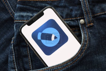 Photo for KYIV, UKRAINE - APRIL 1, 2024 LiveJournal icon on smartphone display screen in jeans pocket. iPhone display with app logo hide in fashionable denims pocket close up - Royalty Free Image