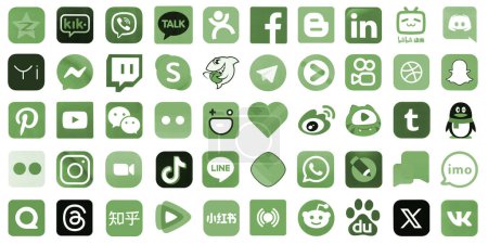 Téléchargez les photos : KYIV, UKRAINE - 1er AVRIL 2024 De nombreuses icônes des médias sociaux populaires, messagers, plates-formes de partage vidéo et autres services smartphone imprimés sur papier blanc en couleur verte - en image libre de droit