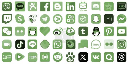 Photo for KYIV, UKRAINE - APRIL 1, 2024 Many icons of popular social media, messengers, video sharing platforms and other smartphone services printed on white paper in green color - Royalty Free Image