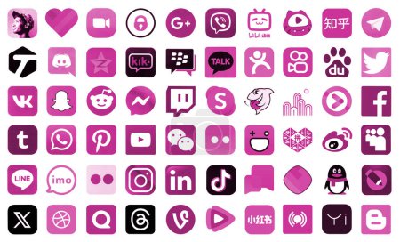 Téléchargez les photos : KYIV, UKRAINE - 1er AVRIL 2024 De nombreuses icônes des médias sociaux, messagers, plateformes de partage vidéo et autres services populaires et sites Web imprimés sur papier blanc en couleur rose - en image libre de droit