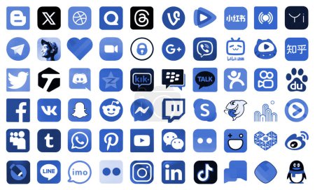 Photo for KYIV, UKRAINE - APRIL 1, 2024 Many icons of social media, messengers, video sharing platforms and other popular services and websites printed on white paper in blue color - Royalty Free Image