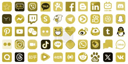 Foto de KYIV, UCRANIA - 1 DE ABRIL DE 2024 Muchos iconos de las redes sociales populares, mensajeros, plataformas para compartir videos y otros servicios de teléfonos inteligentes impresos en papel blanco en color amarillo - Imagen libre de derechos