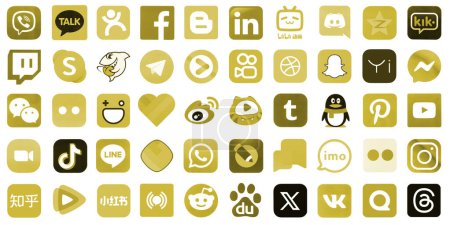 Photo for KYIV, UKRAINE - APRIL 1, 2024 Many icons of popular social media, messengers, video sharing platforms and other smartphone services printed on white paper in yellow color - Royalty Free Image