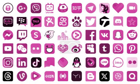 Photo for KYIV, UKRAINE - APRIL 1, 2024 Many icons of social media, messengers, video sharing platforms and other popular services and websites printed on white paper in pink color - Royalty Free Image
