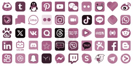 Téléchargez les photos : KYIV, UKRAINE - 1 AVRIL 2024 De nombreuses icônes des médias sociaux populaires, messagers, plates-formes de partage vidéo et autres services de smartphones imprimés sur papier blanc en couleur rose - en image libre de droit