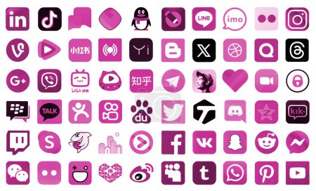 Photo for KYIV, UKRAINE - APRIL 1, 2024 Many icons of social media, messengers, video sharing platforms and other popular services and websites printed on white paper in pink color - Royalty Free Image