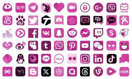 Téléchargez les photos : KYIV, UKRAINE - 1er AVRIL 2024 De nombreuses icônes des médias sociaux, messagers, plateformes de partage vidéo et autres services populaires et sites Web imprimés sur papier blanc en couleur rose - en image libre de droit