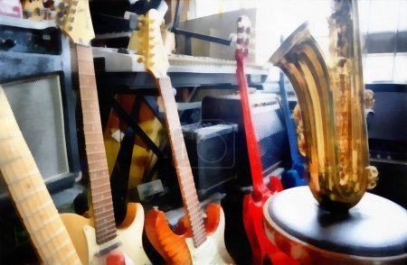 Photo for Digital painting - group of guitars and saxophone - Royalty Free Image