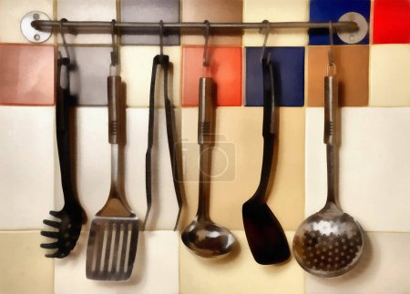Photo for Digital Painting- Kitchen utensils hanging on a colored  tile wall - Royalty Free Image