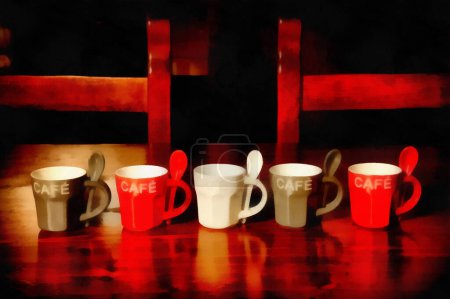 Photo for Digital Painting- colorful coffee cup on wooden table - Royalty Free Image