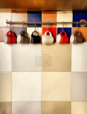 Photo for Digital Painting- coffee cups  hanging on a colored  tile wall - Royalty Free Image