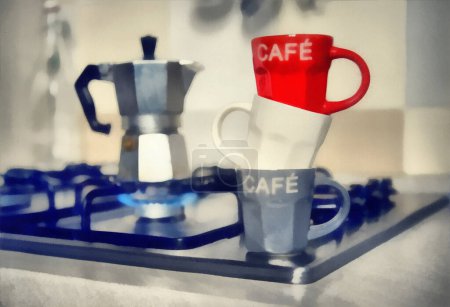 Téléchargez les photos : Peinture numérique- tasse à café rouge et vieille cafetière - en image libre de droit