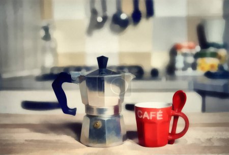 Téléchargez les photos : Peinture numérique- tasse à café rouge et vieille cafetière - en image libre de droit