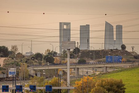 Access highways to the northern area of Madrid with the area of the four towers in the background (although there are five of them)