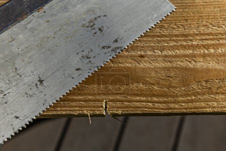 Serrated spine of a hand-held woodworking saw next to a piece of wood