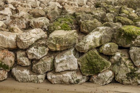 An artificial wall of rocks in the bed of a small stream