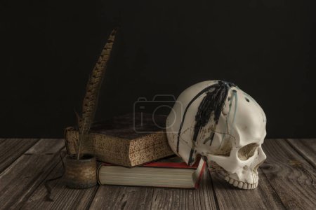 un crâne blanc avec des dents à côté de vieux livres et un stylo pour écrire avec de l'encre sur une planche