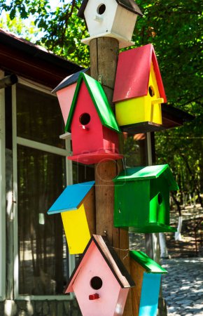 Colorful wooden birdhouses hang on wooden poles