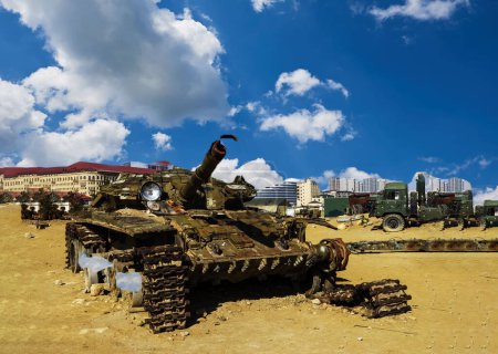 Damaged tanks, armored vehicles and equipment on the battlefield. military technics. Wide image for banners and advertisements