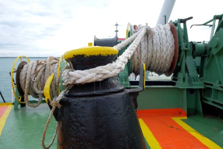 Photo for Mooring crane ropes on marine boat drums. Deck mooring mechanism at the fore of the tanker. - Royalty Free Image