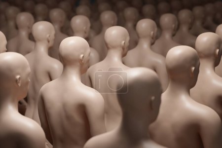 Viele menschliche Klone hintereinander. Selektive Fokussierung. 3D-Illustration.