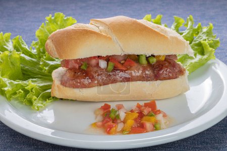 Téléchargez les photos : Choripan, sandwich argentin typique avec chorizo et sauce créole dans une assiette. - en image libre de droit