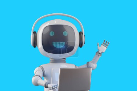 Foto de Amistoso robot de chat estilo dibujos animados con portátil saludando. ilustración 3d. - Imagen libre de derechos