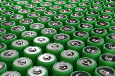 Foto de Arreglo de baterías de litio verde. ilustración 3d. - Imagen libre de derechos