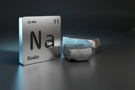 Natrium-Element-Symbol aus dem Periodensystem in Spanisch in der Nähe von metallischem Natrium mit Kopierraum. 3D-Illustration.