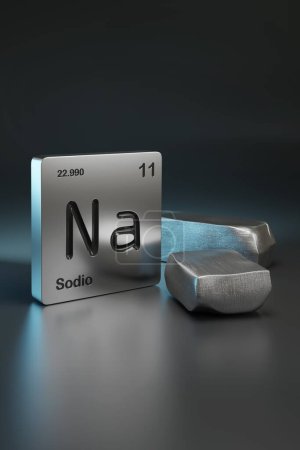 Téléchargez les photos : Symbole de l'élément sodium du tableau périodique en espagnol proche du sodium métallique. Illustration 3d. - en image libre de droit