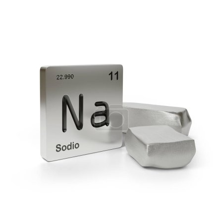 Téléchargez les photos : Symbole de l'élément sodium du tableau périodique en espagnol près du sodium métallique isolé sur fond blanc. Illustration 3d. - en image libre de droit