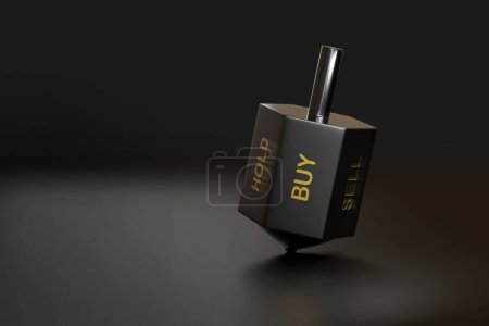 Spinning top with the words BUY, SELL and HOLD with copy space. Investment concept. 3d illustration.