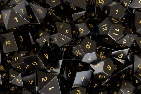 Photo for Black dice in the shape of regular polyhedrons. Background. 3d illustration. - Royalty Free Image