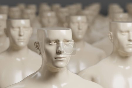 Crowd of mannequins with flat heads. 3d illustration.