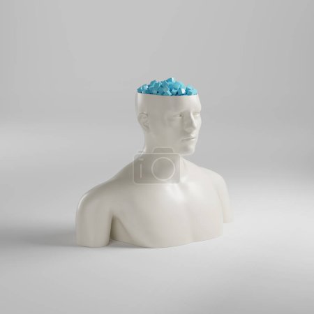 Büste eines Mannes mit offenem Kopf und voller Würfel. 3D-Illustration.