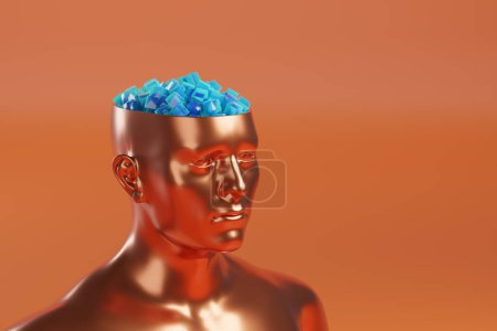 Bronze bust of a man with his head open with copy space. 3d illustration.