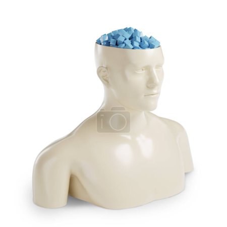 Büste eines Mannes mit offenem Kopf und voller Würfel auf weißem Hintergrund. 3D-Illustration.