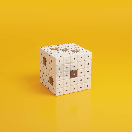 Dice made up of many dice on yellow background. 3d illustration.