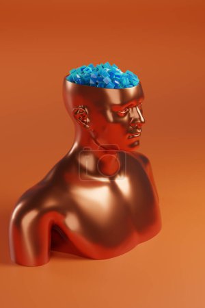 Bronze bust of a man with his head open and full of blue cubes. 3d illustration.
