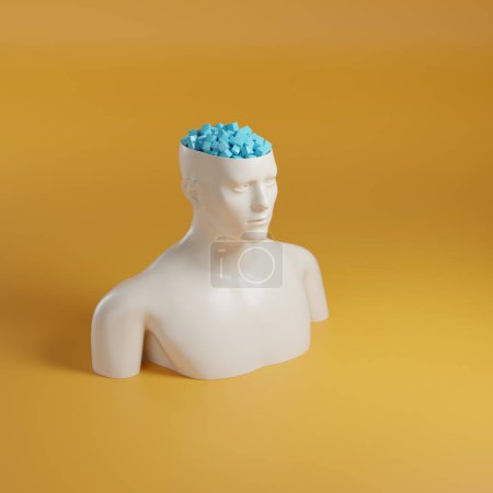 Buste d'un homme avec la tête ouverte et plein de cubes sur fond jaune. Illustration 3d.