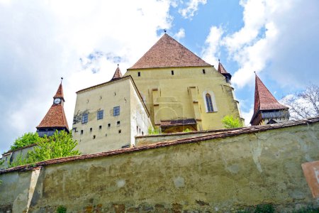 Bottom-up view of the fortified Biertan Church - an important historical and architectural landmark of Transylvania (Romania)